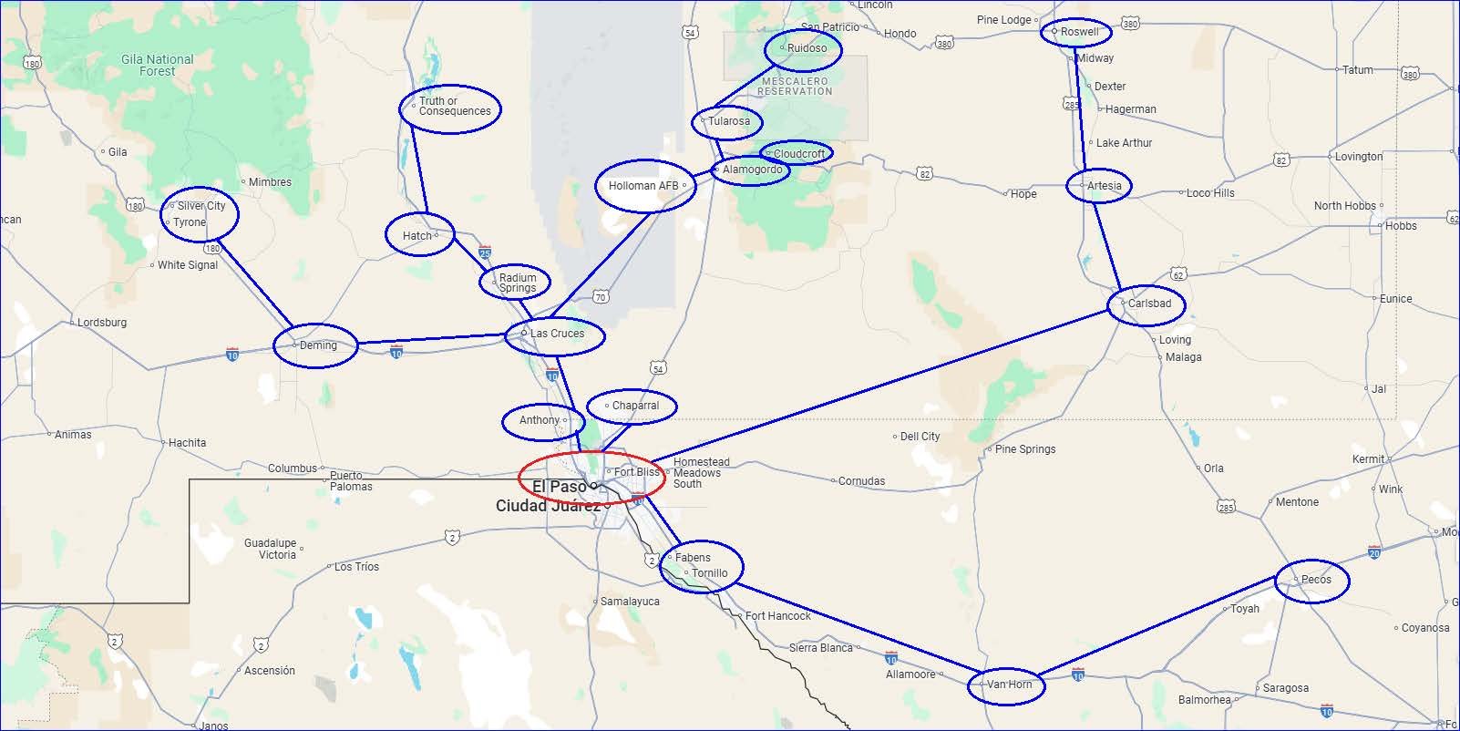 Route map of the Ortiz Transportation service area, centered on El Paso and reaching into southern New Mexico and West Texas